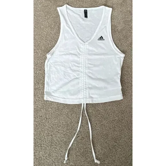 Adidas Womens White Cropped Tank Top Drawstring Hem Athletic Workout Small - Picture 1 of 12